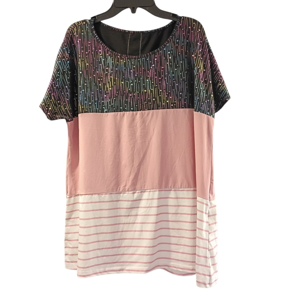 Shein Curve‎ Blouse 1XL Short Sleeve Color Star Stripe Pink Black White Lace EUC